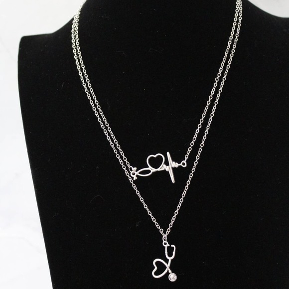 New Fashion Silver Tone Necklace with Stethoscope, Heartbeat and Heart N105 - Picture 2 of 5